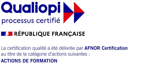 Logo Qualiopi processus certifié, République française — certification délivrée au titre de la catégorie actions de formation