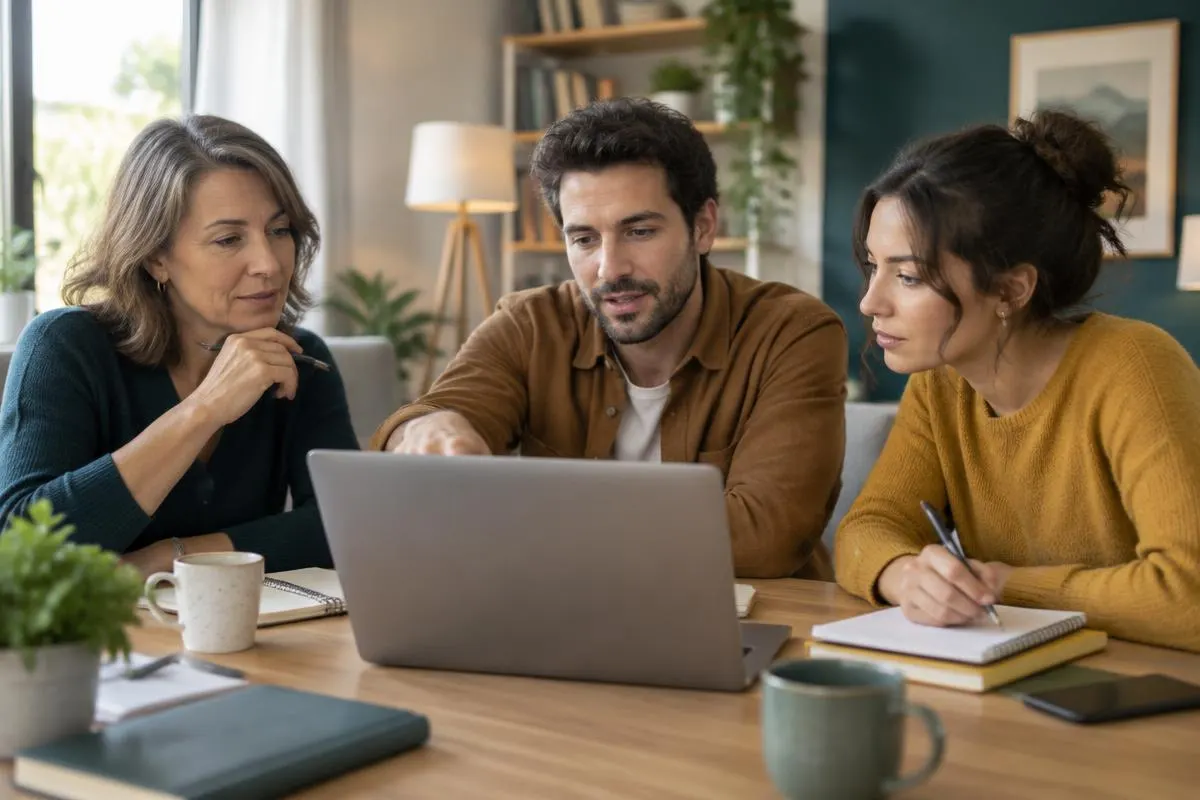 Illustration générée par IA de trois professionnels préparant ensemble un projet de formation autour d’un ordinateur.